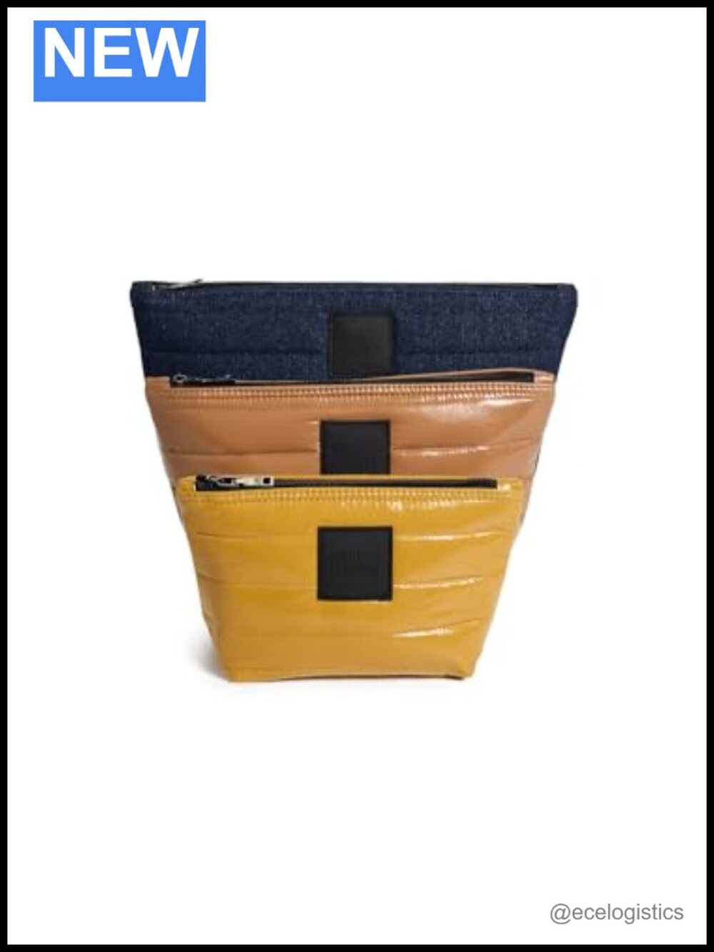 Set of 3 Quilted Travel Cosmetic Pouch Denim Nylon